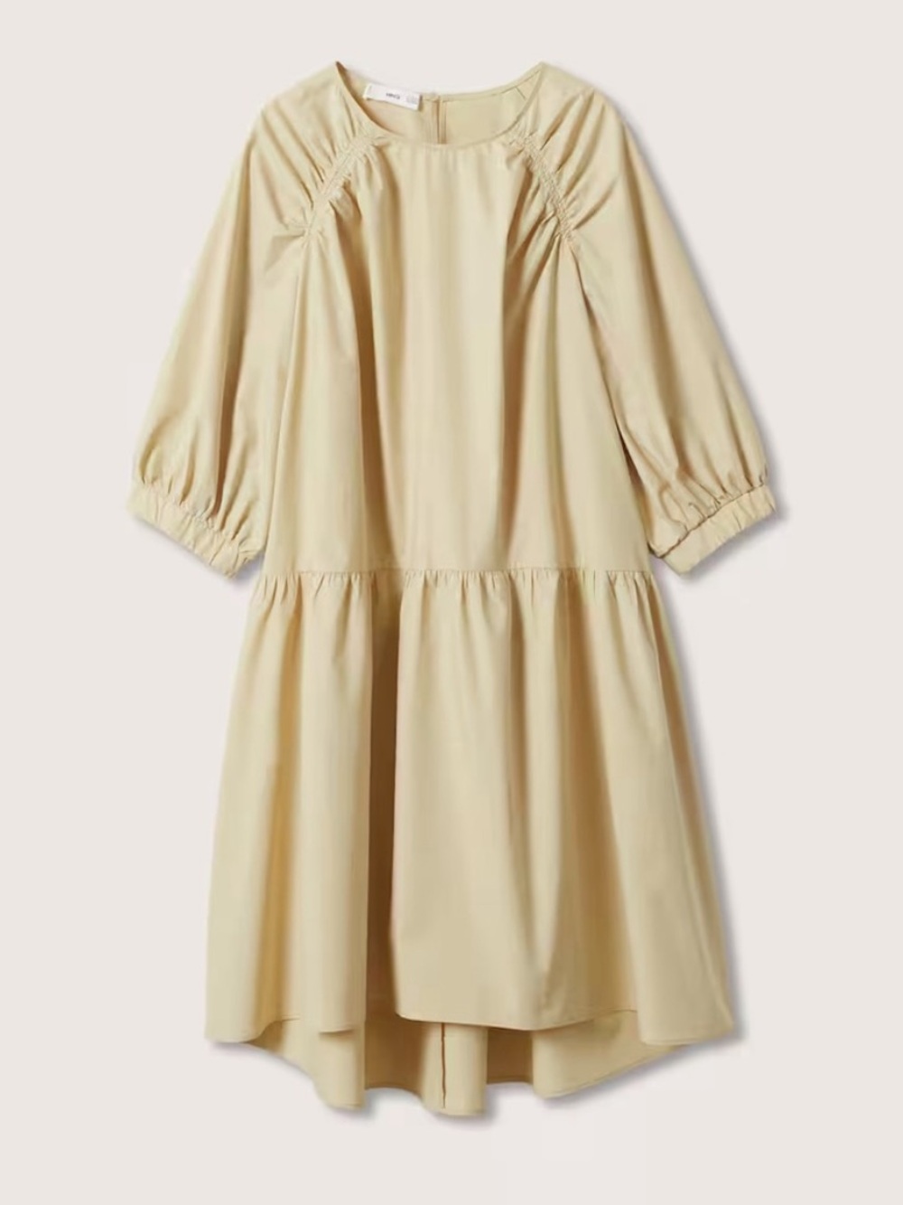 Mango Light Beige Puffed-Sleeve Cotton Dress